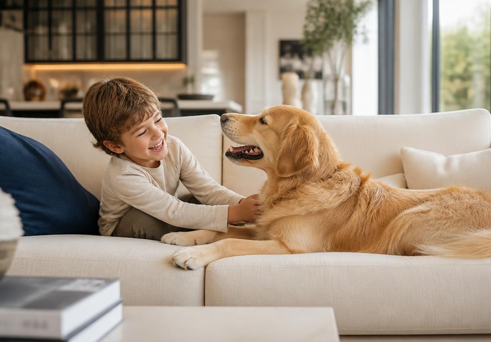 Criança e cachorro em um sofá limpo e confortável